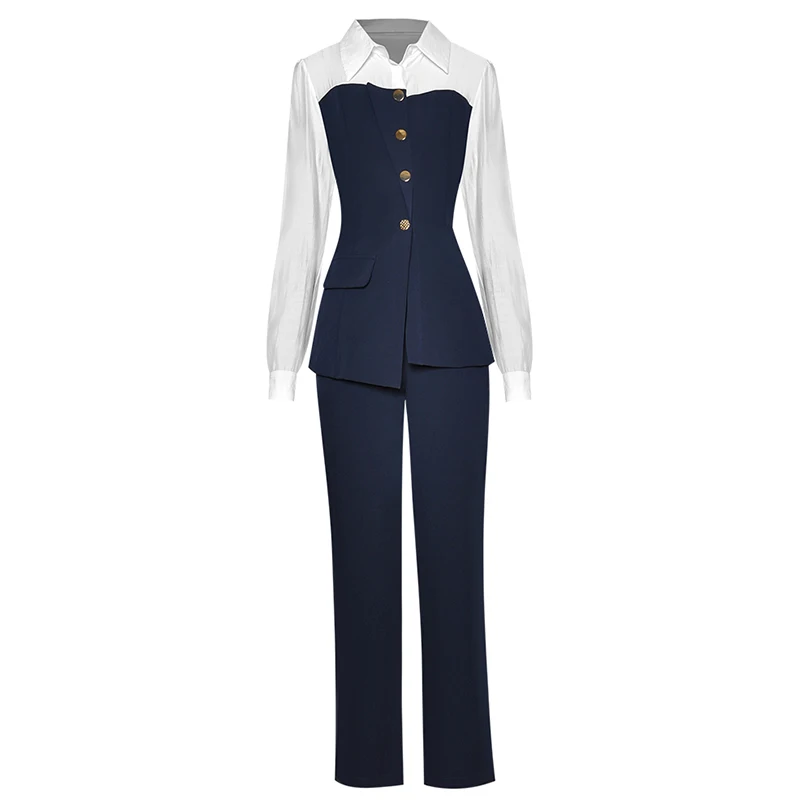 

Womens Suit 2 Piece Sets Outfit Ladies Office Wear White And Blue Patchwork Irregular Top + Straight Pants