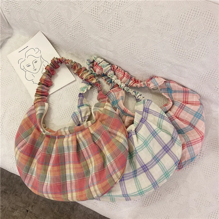 

Contrast Color Women Polyester Cotton Handbags Girls Student Fold Plaid Hobos Crossbosy Bags Fashion Female Shopping Tote Bag