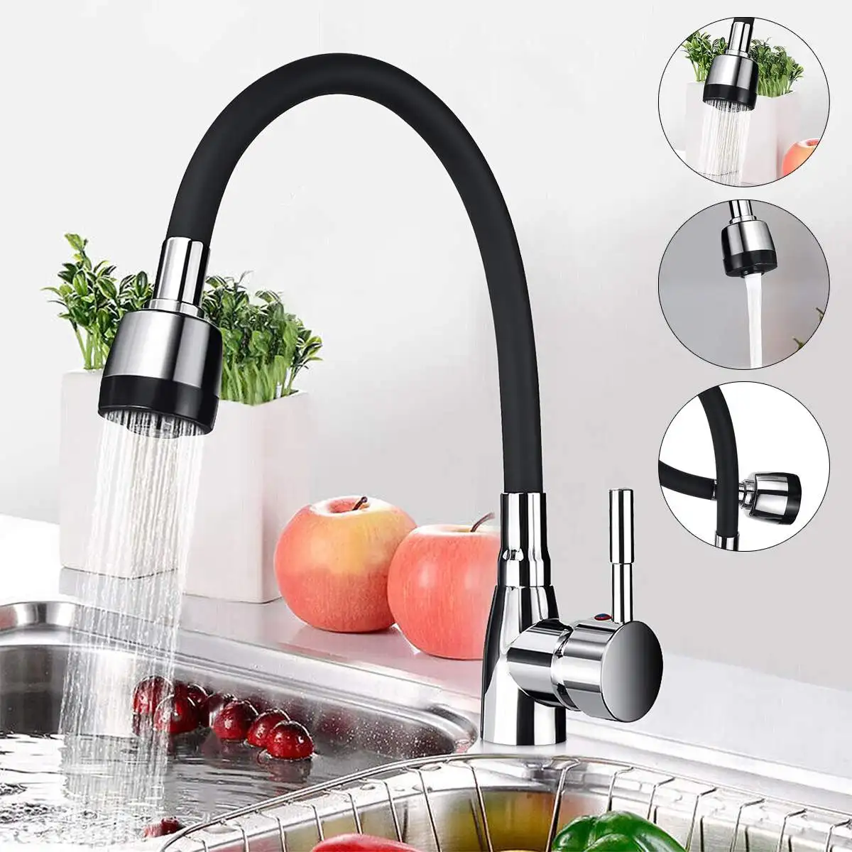 

Polished Chrome Black Single Handle Kitchen Basin Faucet 360Rotating Cold and Hot Water Mixer Tap Torneira Deck Mounted