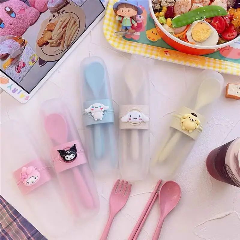 

Kawaii Cute Sanrios Kuromi My Melody Cinnamoroll Cartoon Breakfast Dishes Spoon Kitchen Tableware Set Girls Gift
