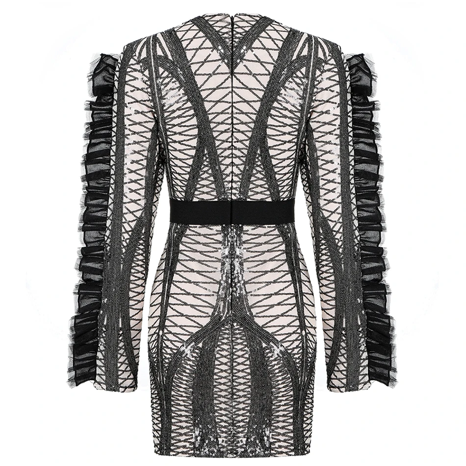 

2019 Winter New Fashion Sequin Bandage Dress Sexy Long Sleeve Deep V-Neck High Waist Bodycon Celebrity Evening Party Vestidos