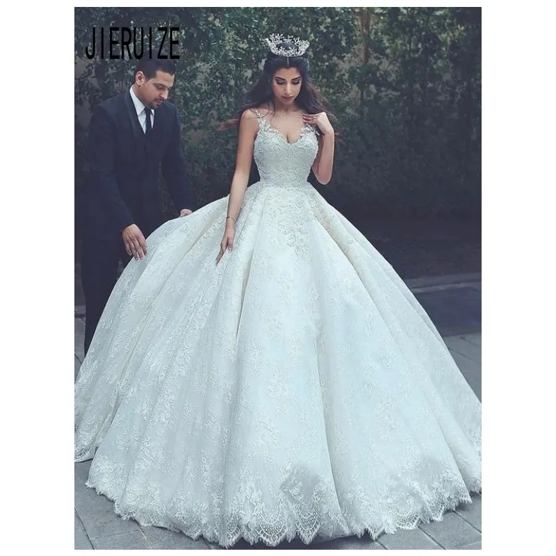 

JIERUIZE Vintage Backless Satin Ball Gown Wedding Dress Spaghetti Straps Sleeveless Appliqued Beaded Bridal Gown Robe De Mariee