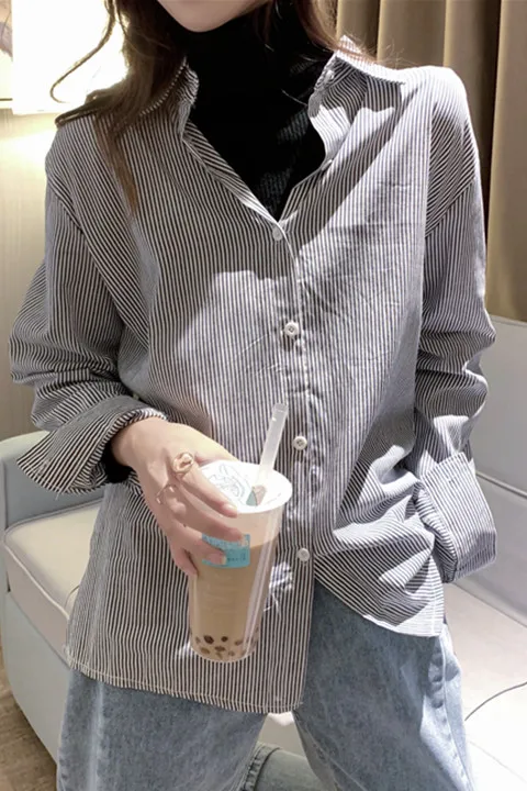 Женская рубашка в полоску Повседневная Свободная блузка с длинным рукавом