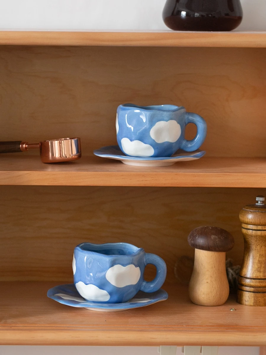 Hand Painted The Blue Sky and White Clouds Coffee Cup With Saucer Ceramic Handmade Tea Set Cute Gift For Her | Дом и сад