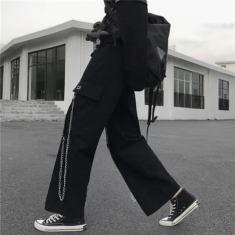 

ulzzang Women's Clothing Korean Chain drawstring pockets solid cargo pants loose hip hop autumn full length Harajuku Female