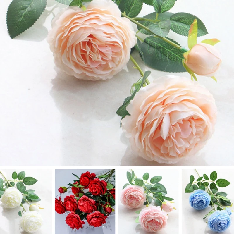 Искусственные розы пионы шелковые цветы DIY Длинные ветки 3 головки поддельные