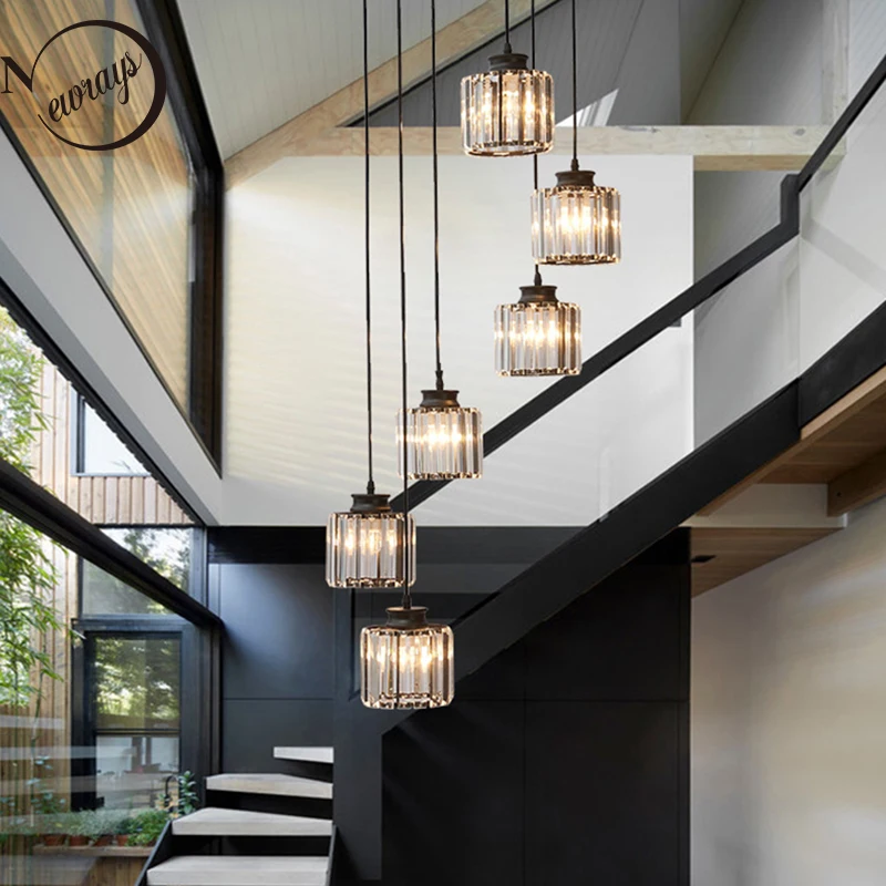 

Modern Iron Crystal Pendant Lamp LED E27 220V 3/6/9 Lights Northern Europe Pendant Light for Duplex Villa Stairs Living Room