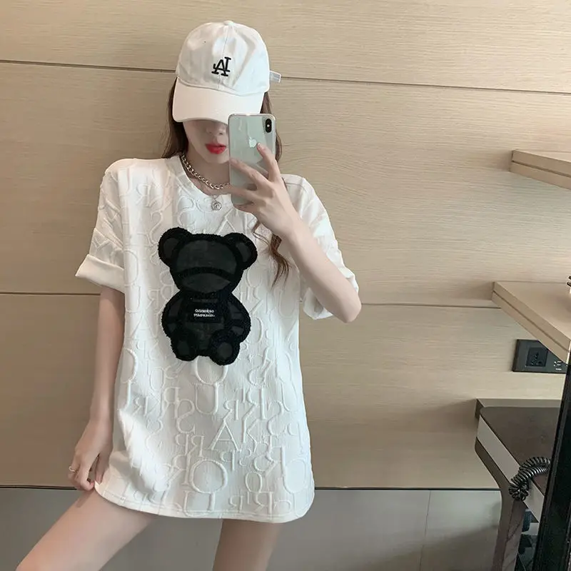 

2021 Women T-shirts Harajuku Girls Plus Size Tops Letter Jacquard O-neck Short Sleeves Loose Summer T shirt Bear White Tees INS