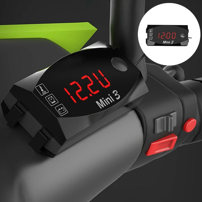 

3 In 1 Digital Time Voltage Temperature Clock Waterproof Dustproof DC 6V-30V Red Green Blue
