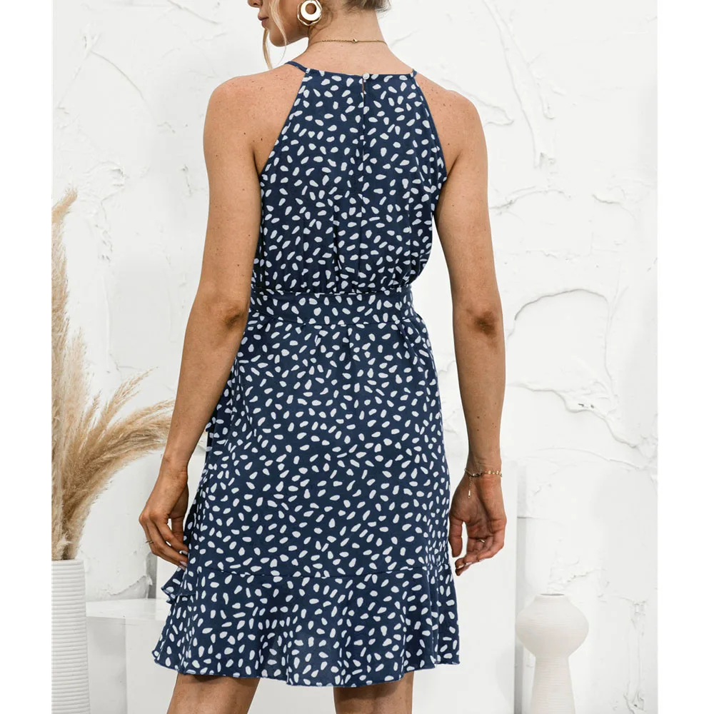 

2021 Women Polka Dot Print Sexy Halter Mini Dress Boho Beach Holiday Ruffle Sleeveless Summer Casual Sashes Short Dresses