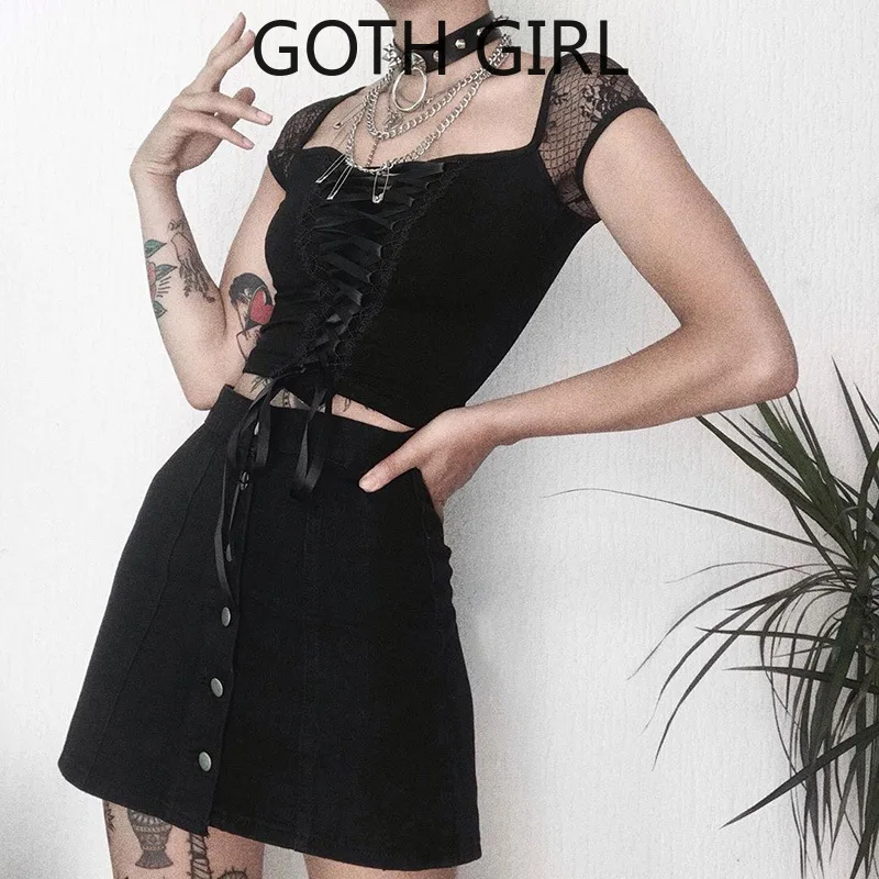 Женская кружевная блузка Goth Girl сексуальная рубашка с коротким рукавом и