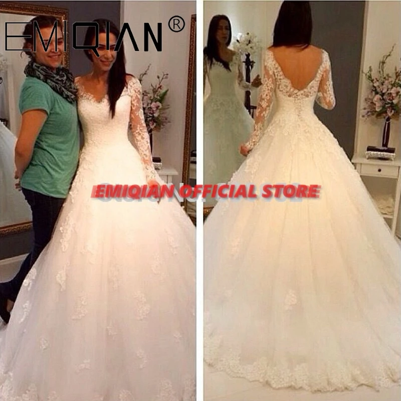 Кружевное свадебное платье Vestido de noiva, недорогое Тюлевое свадебное платье трапециевидной формы с v-образным вырезом и длинными рукавами на молнии сзади