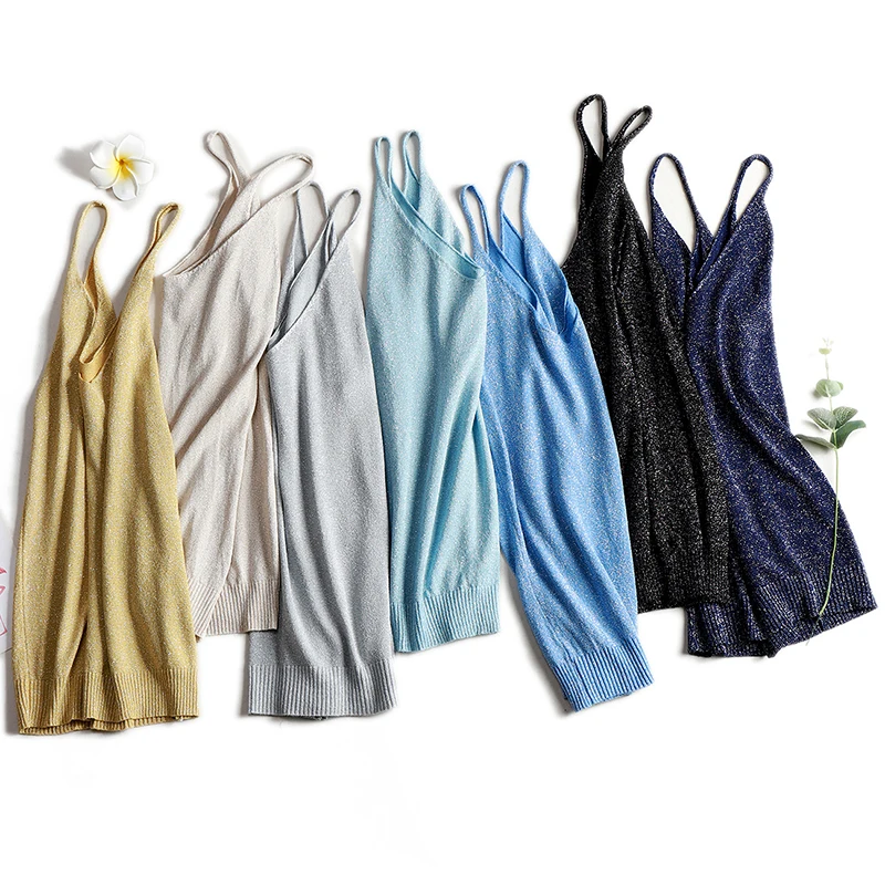 

AOSSVIAO Shiny Lurex Sexy Top Women Halter V Neck Basic White Cami Sleeveless Knitted Tank Tops Women'S Summer Camisole 2022