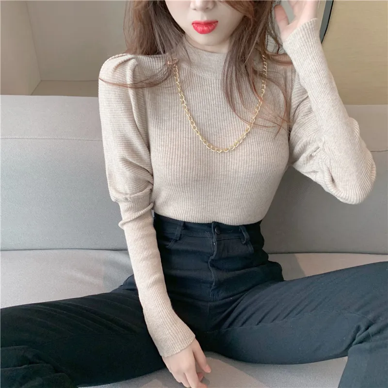 Свитер в стиле ретро с пышными рукавами новинка 2020 Женская Удлиненная водолазка