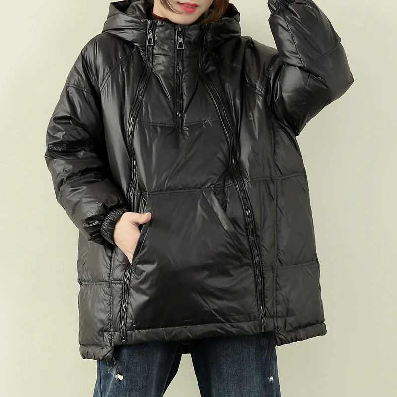 

2021 Winter Down Coat Women Hooded Loose 90% White Duck Down Coats Female Zipper Pocket Parkas Short Puffer Jacket Fashion Black