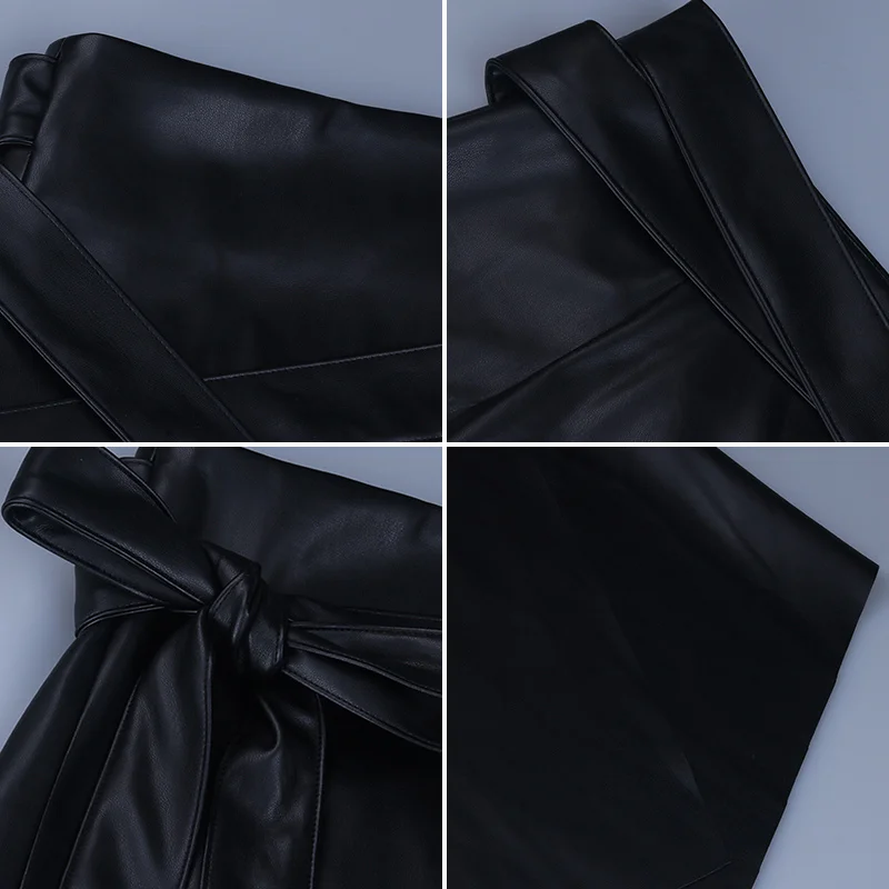 

Black PU Leather Skirt Women Sexy High Waist Belt Bandage Female Skirt Streetwear Fashion Ladies Bottom Skirts