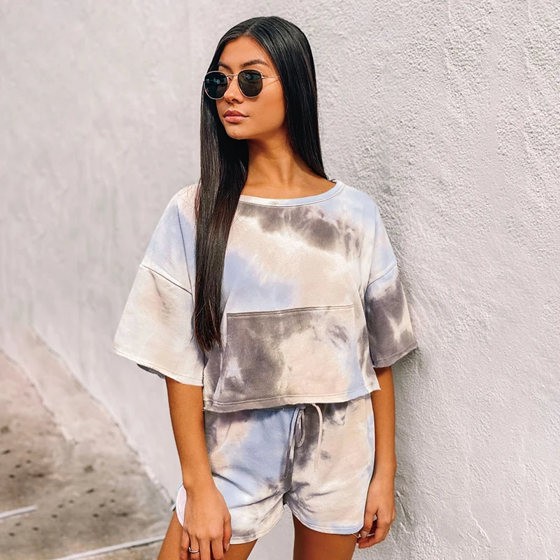 

Women's European And American Tie-Dye Short-Sleeved Casual Fashion Printed Sports Casual Pants Suit Two-Piece Suit