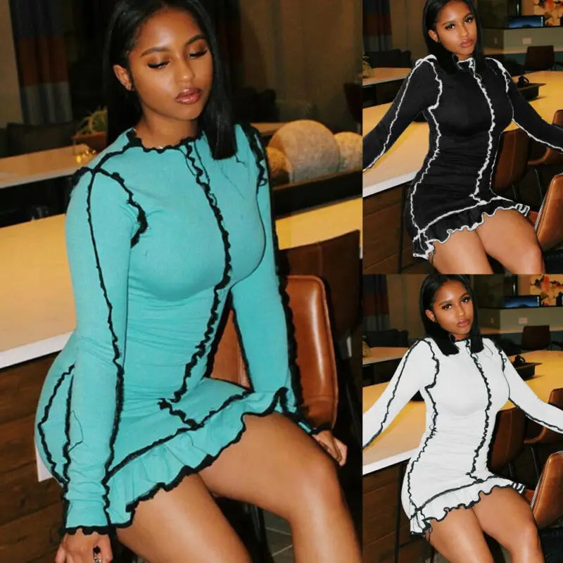 

Sexy Womens Long Sleeve Bodycon Ruffle Hem Party Club Evening Mini Jumper Dress