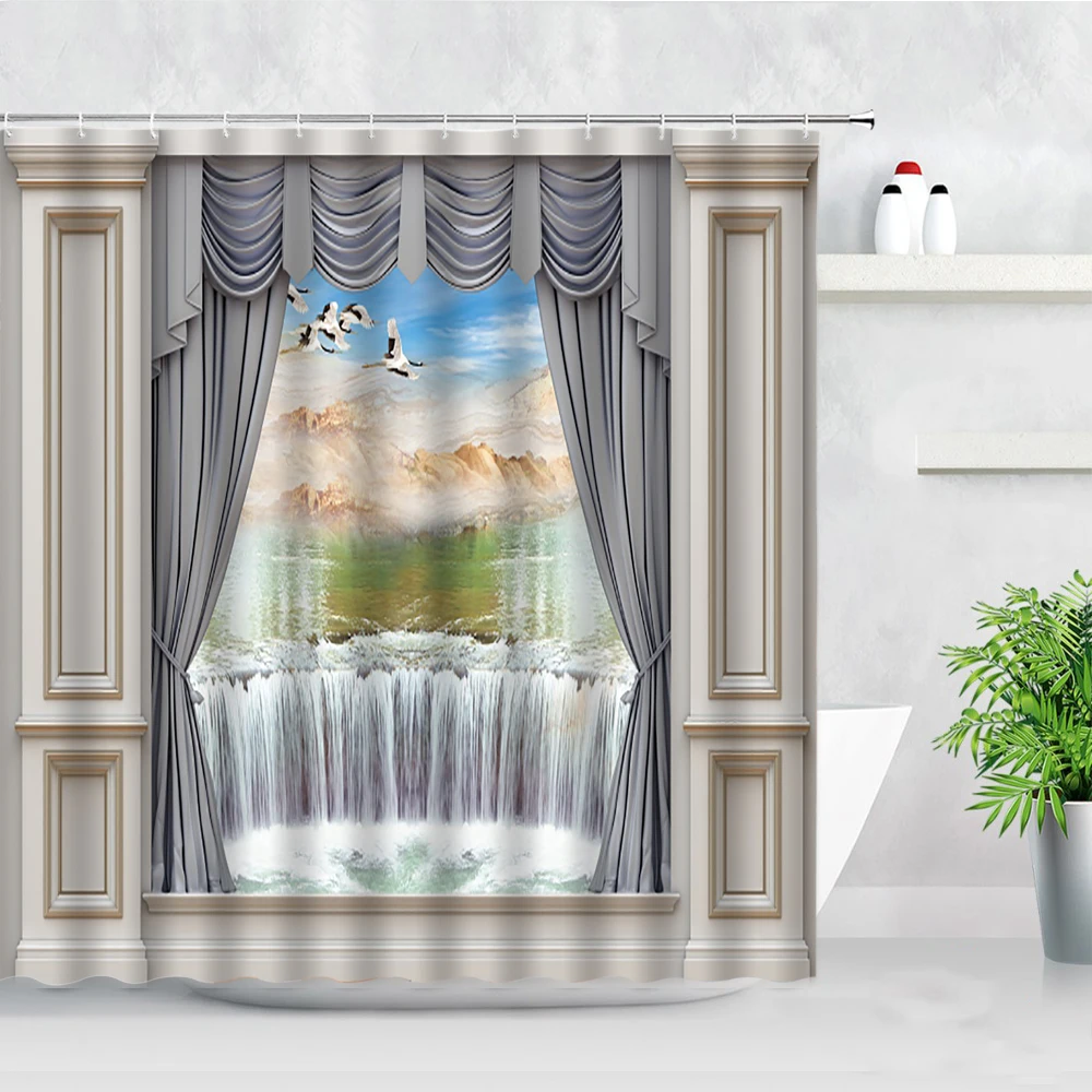 

Polyester Fabric Bathroom Curtains Modern French Windows Indoor 3D Natural Scenery Home Decor Hooks Screens Bathroom Curtain Set