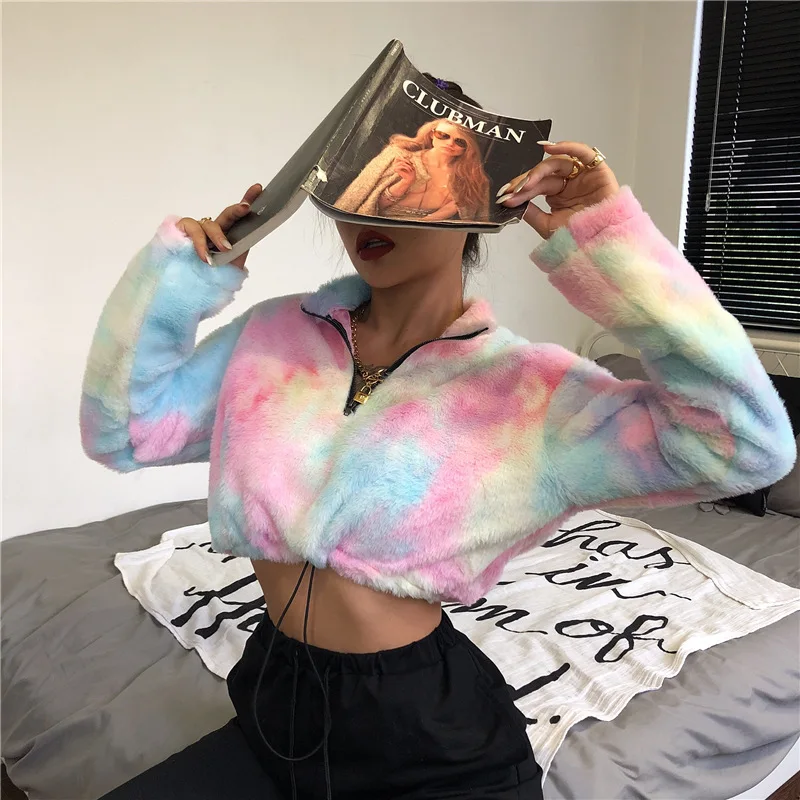 Nadafair с длинным рукавом белая укороченная Толстовка для женщин Осень Зима Пуловер короткий Свитшот плюш молния искусственный мех Пушистый Свитшот