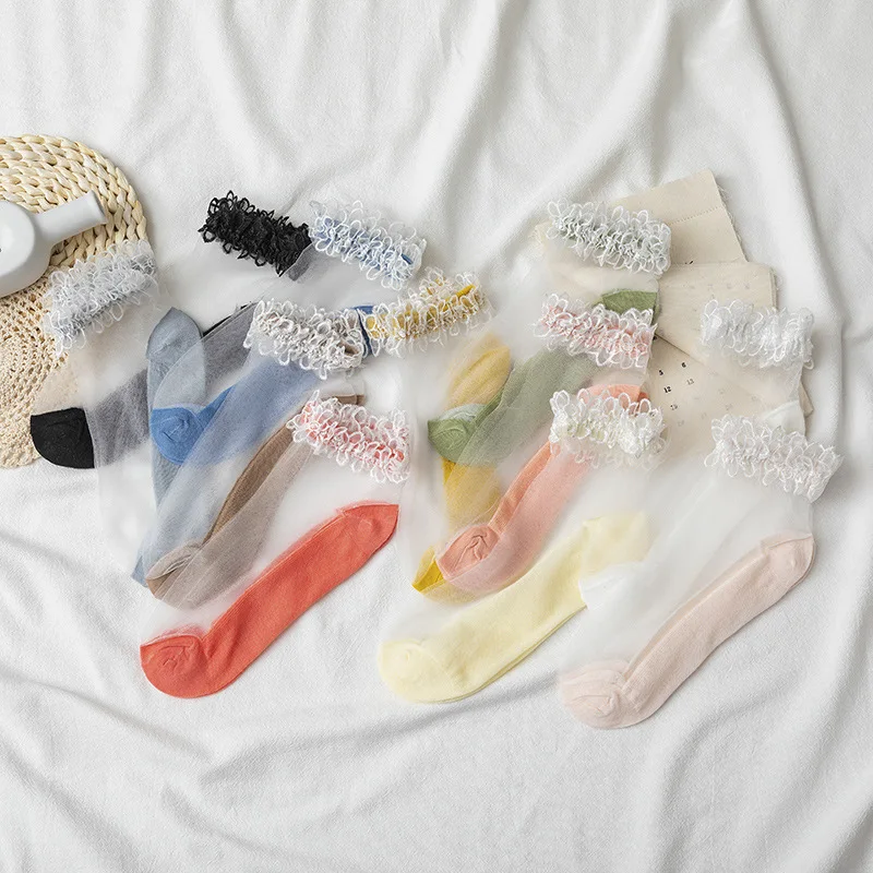 

Breathable Ankle Socks Kawaii Cute Socks Lolita Lacework Crystal Silk Socks Women Ultra-thin Transparent Summer Mesh