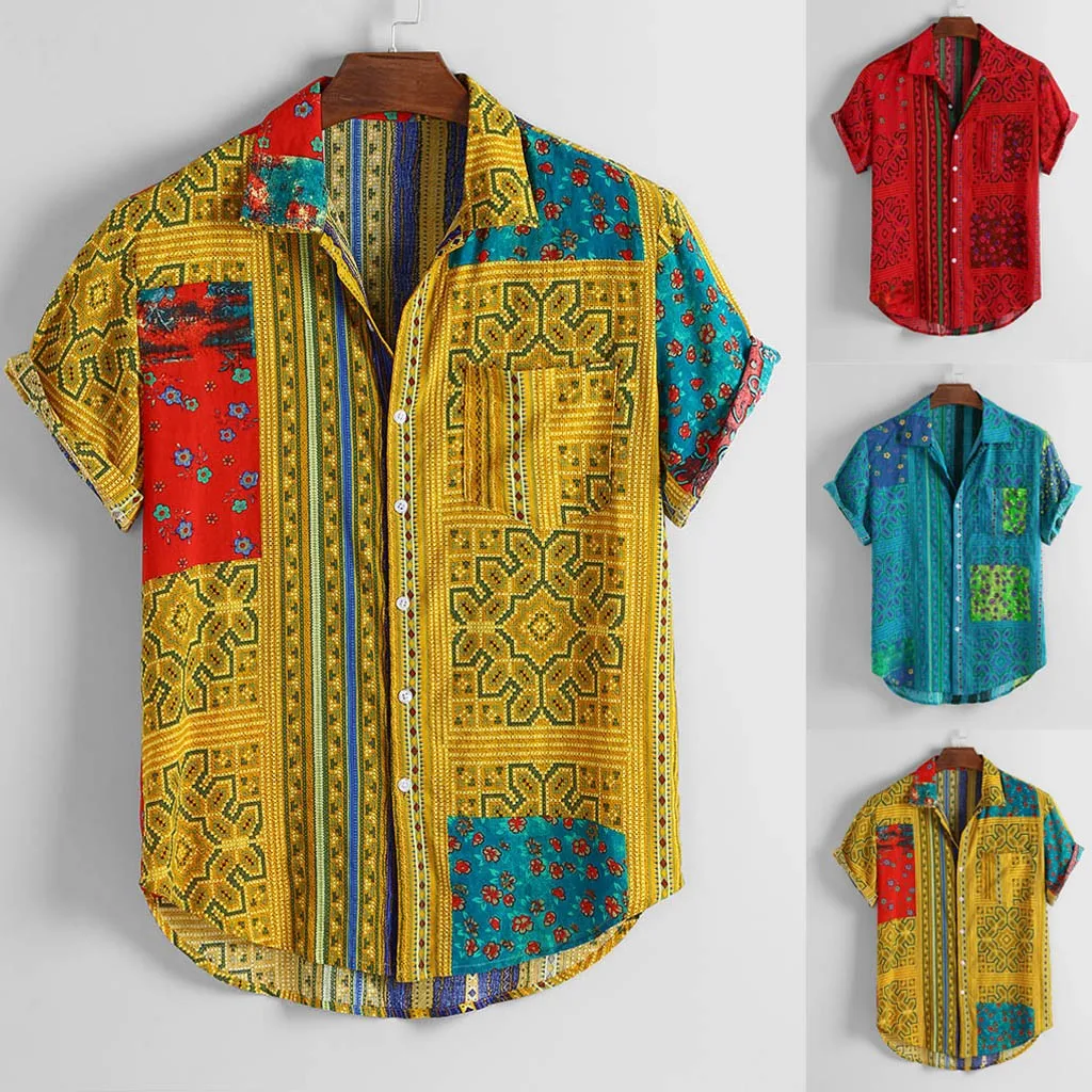 

Men Cotton Shirts Short Sleeve Vintage Ethnic Printed Casual Blouse Hawaiian Shirt Male Tops Summer Geometric Plus Size Shirts