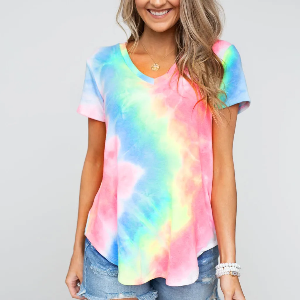 Tie Dye женская футболка лето футболки туники с коротким рукавом сексуальная V