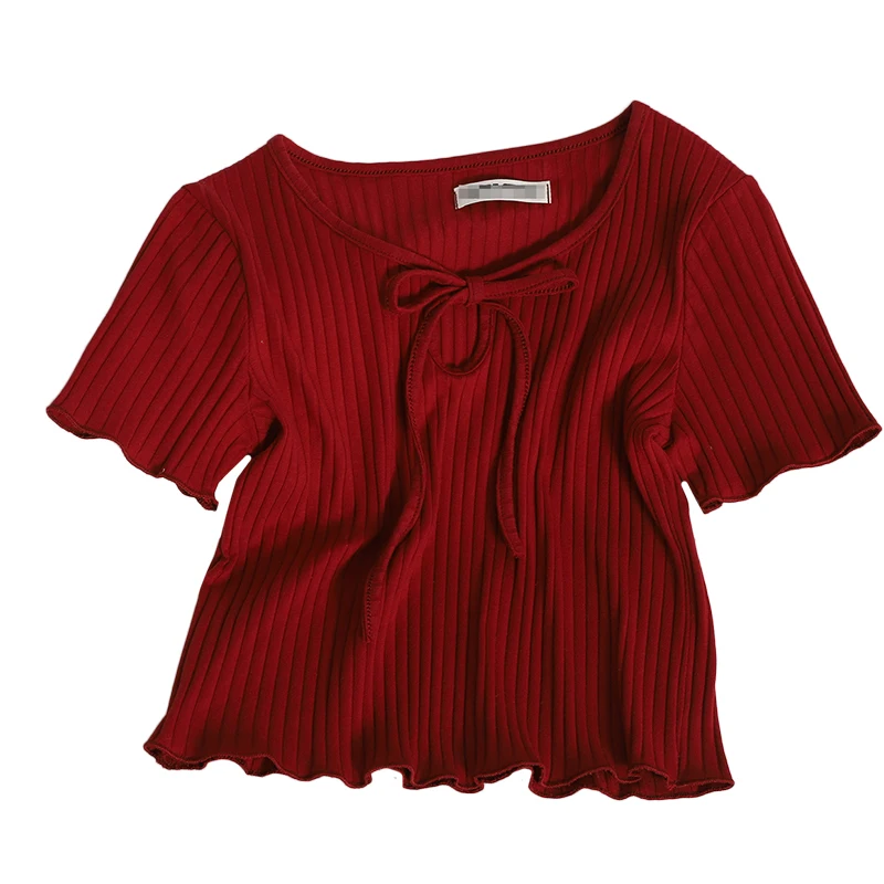 

Korean lace-up V-neck slim-fitting short-sleeved T-shirt For women tops summer new casual sweet ruffles short t-shirt women tee