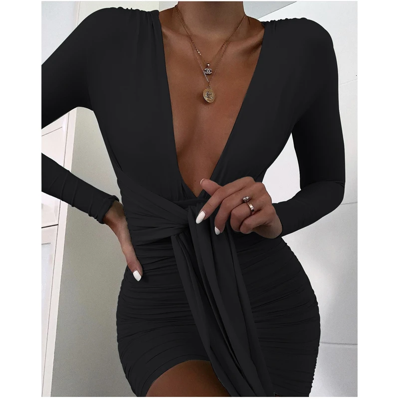 

Deep V Neck Sexy Dress Women Long Sleeve Bandage Folds Solid Color Elegant Dress Autumn Winter Bodycon Mini Evening Party Dress