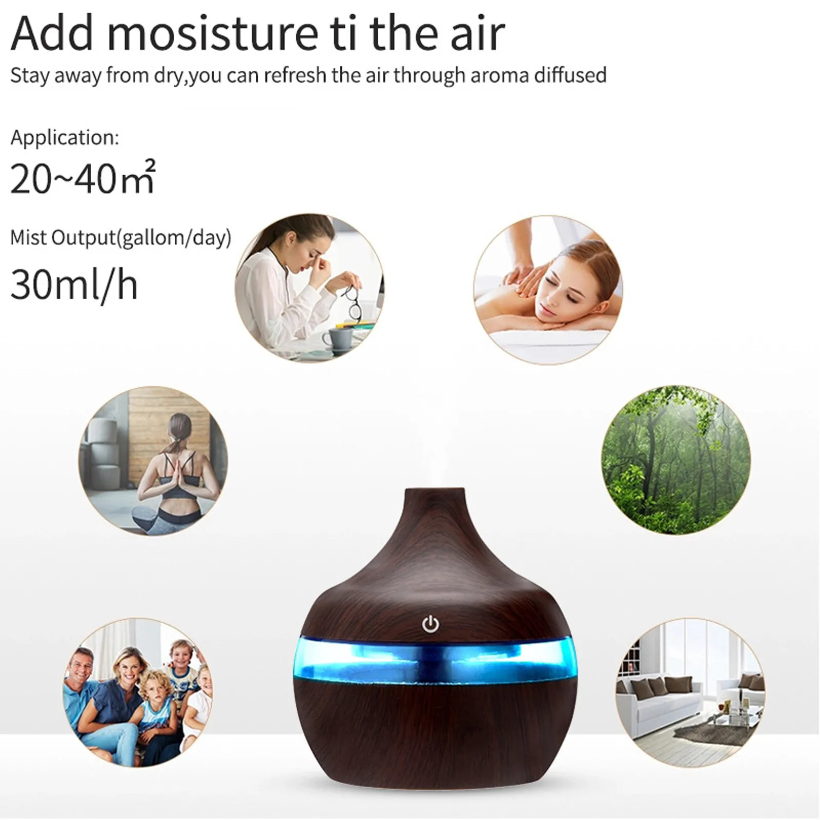 

Air Aroma Essential Oil Diffuser LED therapy Vase Humidifier Reed Portable Home Office Wood