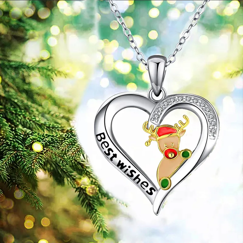 

Best Wishes Christmas Elk Love Pendant Necklace Women's Heart-Shaped Gemstone Clavicle Chain Necklace Accessories Christmas Gift