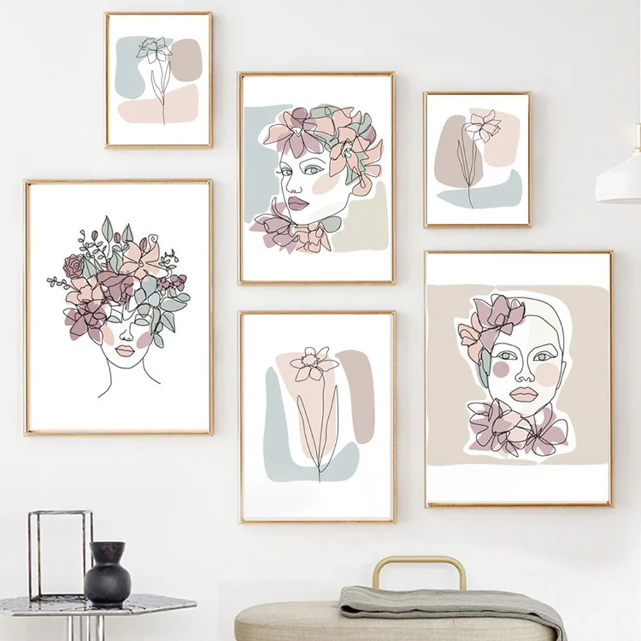 

Abstract Woman Plant Flower Line Color Block Vogue Nordic Wall Art Canvas Painting Posters And Prints Living Room Interior Decor