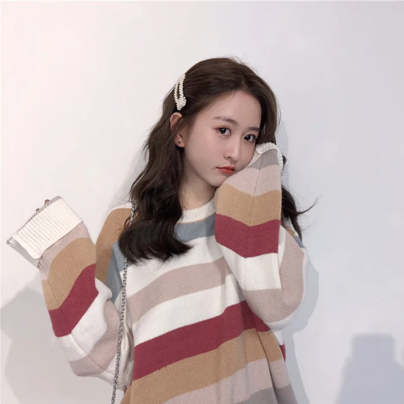 

2021 Autumn And Winter New Women's Sweater Striped Round Neck Long Sleeve Loose Casual Pullover High Street Wn*