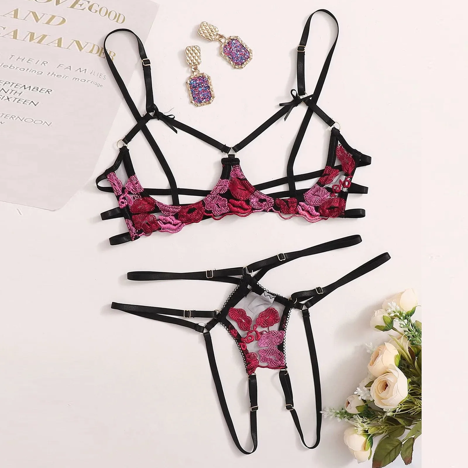 

Hollow Out Embroidery Erotic Lingerie Women Underwear Set Open Bra And Thongs Transparent Sexy Costume For Erotic Underwear