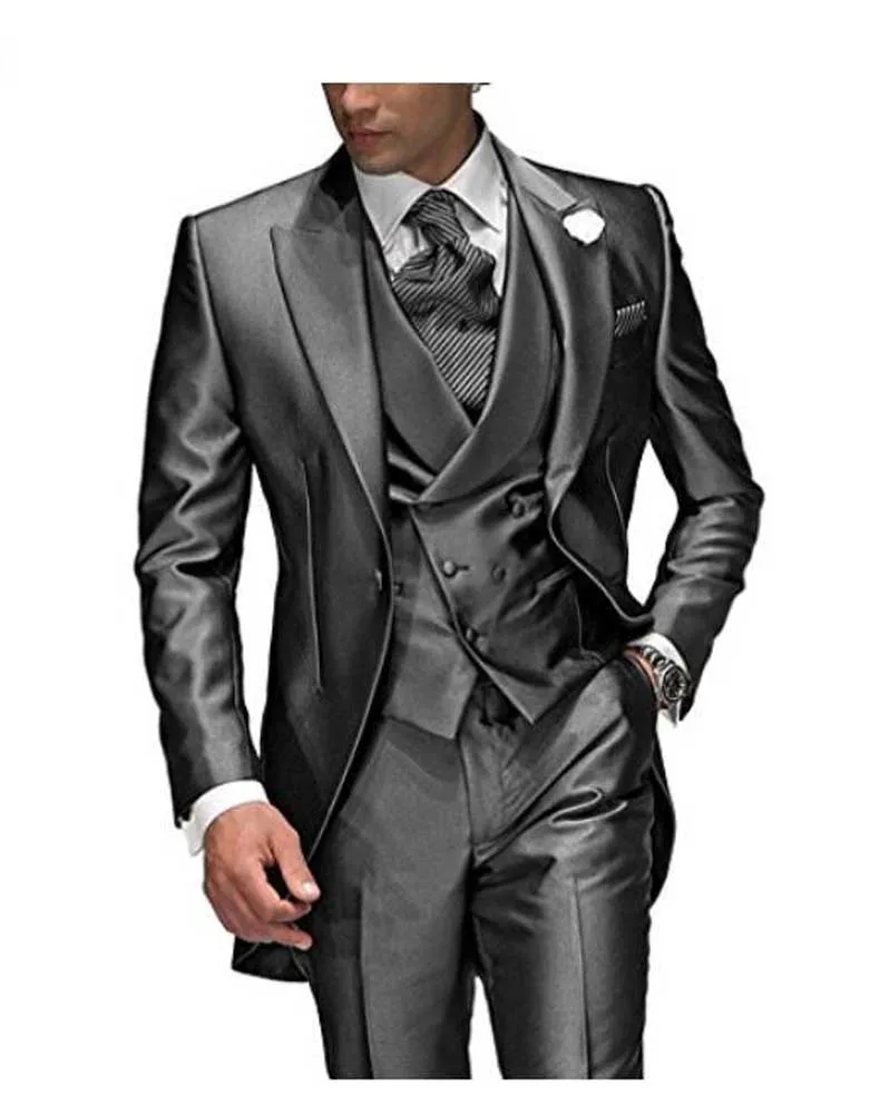 

Мужской костюм темно-серого цвета, смокинг для жениха с заостренным лацканом, 3 предмета, 1 пуговица, Свадебный костюм для мужчин, набор на за...