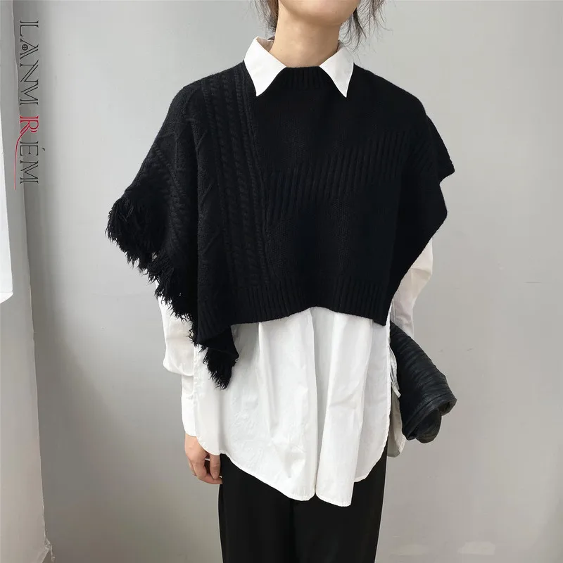 

LANMREM Autumn Winter Pullover Tassel Shawl For Women Round Collar Design Irregular Short Style Knitted Coat Famale YK084