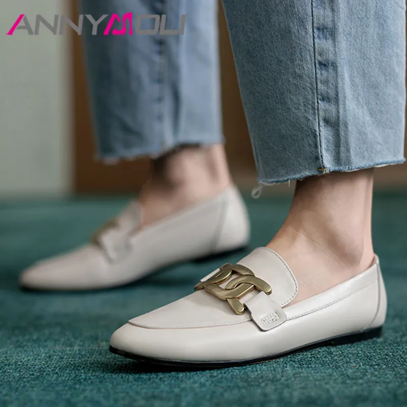 

ANNYMOLI Natural Genuine Leather Flats Loafers Shoes Women Metal Decoration Round Toe Dress Shoes Female Footwear Beige Size 43