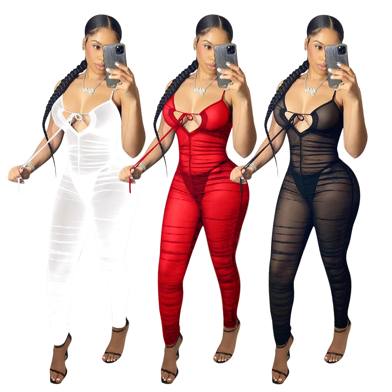 

INS Hottest Women Sexy Deep V-neck Jumpsuits 2021 Summer New Lace-up Spaghetti Strap Sleeveless Skinny See-through Rompers