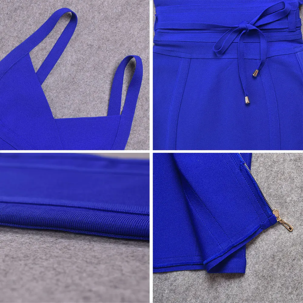 Женское платье на бретельках BEAUKEY синее Бандажное с поясом завязках большие