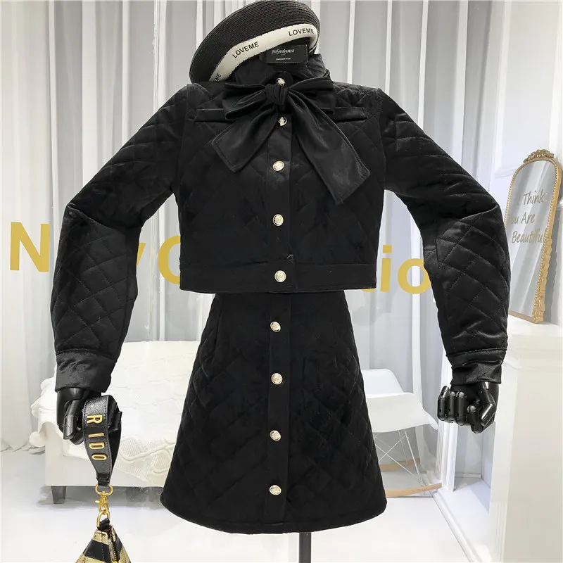 ALPHALMODA Women's 2019 Winter Elegant Padded Skirt Suits Bow Collar Long-sleeved Short Cut Coat A-line 2pcs Fashion Set | Женская