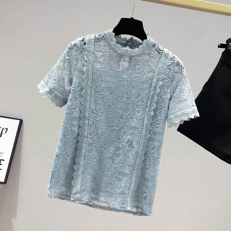 

Women Summer Elegant Blouses New Arrival 2021 Fashion Korean Style Stand Collar Hollow Out Lace Ladies Short Sleeve Tops W367