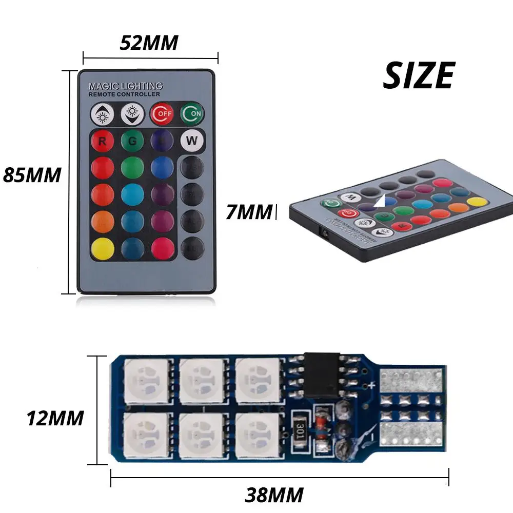 2 шт. разноцветная Светодиодная лампа T10 RGB с пультом ДУ|Сигнальная лампа| |