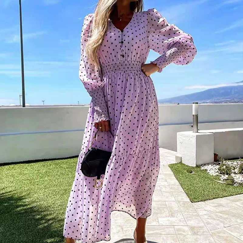 

Chiffon Dress 2021 Elegant Dot Print Dress Sexy Button V Neck Lady Maxi Party Dress Fashion Slim Elastic Waist Long Sleeve Dress