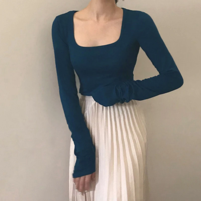 Хороший цвет! Облегающий женский свитер с квадратным вырезом короткий вязаный