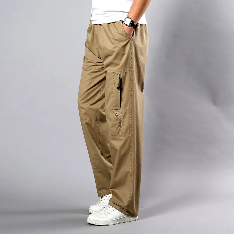 

Summer Men's Khaki Pants Large Size Straight Fit Big Side Pockets Wide Leg Cotton Black Cargo Pants Work Trousers Male