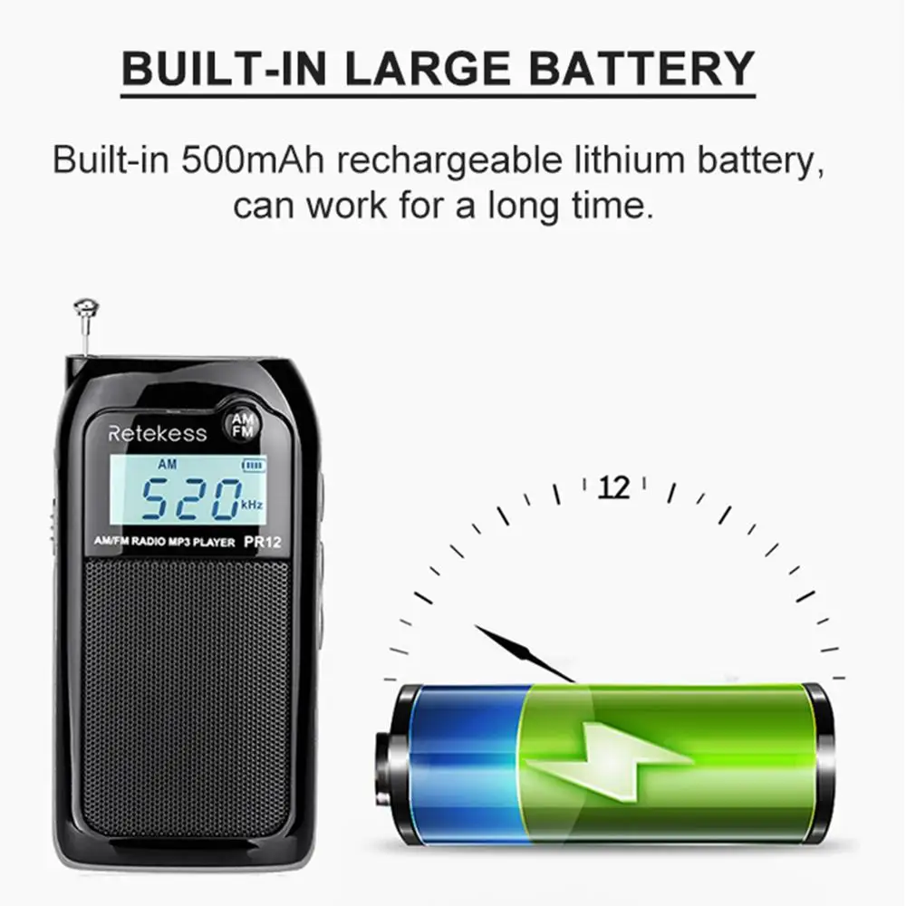 Retekess PR12 Мини карманный радио FM AM цифровой тюнинговый радиоприемник 9 к/10 к MP3 музыкальный плеер перезаряжаемый аккумулятор портативное радио