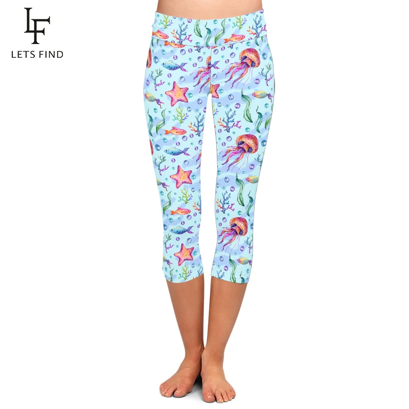 Модные женские леггинсы-капри LETSFIND с изображением медузы водных растений