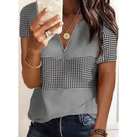 summer short sleeved t shirt stitching striped v neck womens top loose casual zipper neckline tops 2021 fashion shirt for women