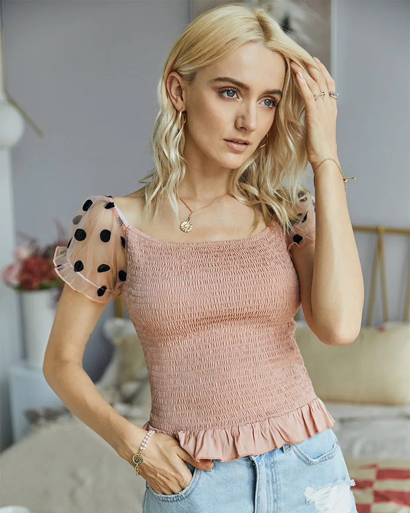 

casual Summer Fashion Ladies Tops Women's slim t-shirt with polka dot sleeves