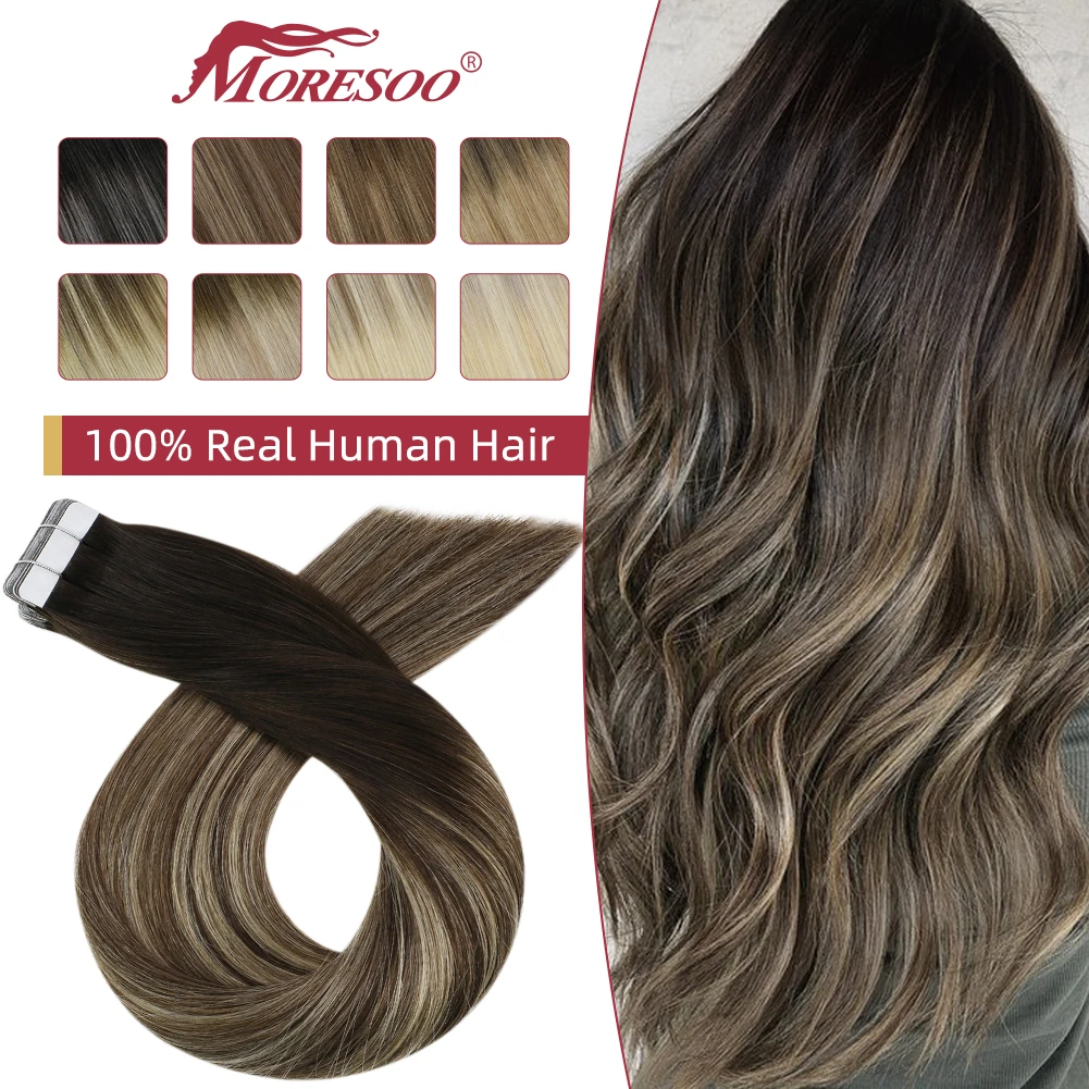 

Moresoo Human Hair Extensions Tape in Non- Remy Straight Balayage Ombre Black Brown Double Sided Invisible Seamless PU Skin Weft